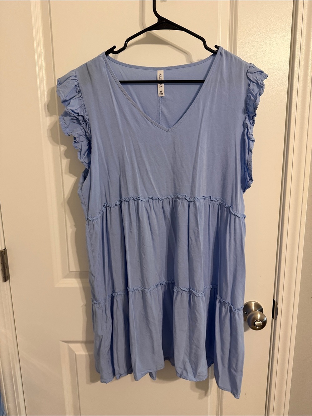 Zenana Sky Blue V-Neck Ruffle Tiered Dress
